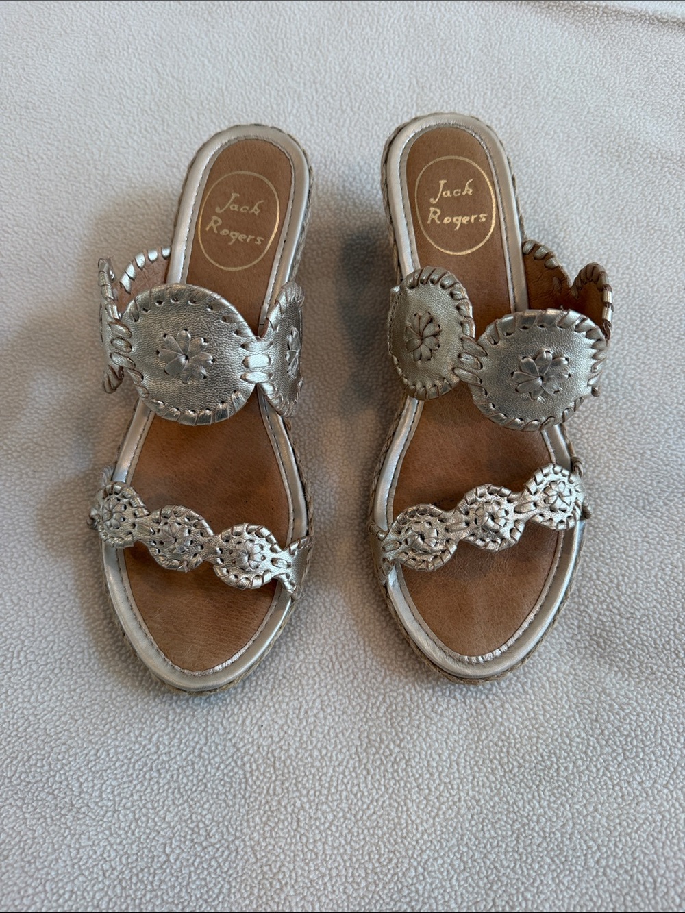 Jack Rogers Metallic Platinum Leather Slide Sandals with Medallion Trim